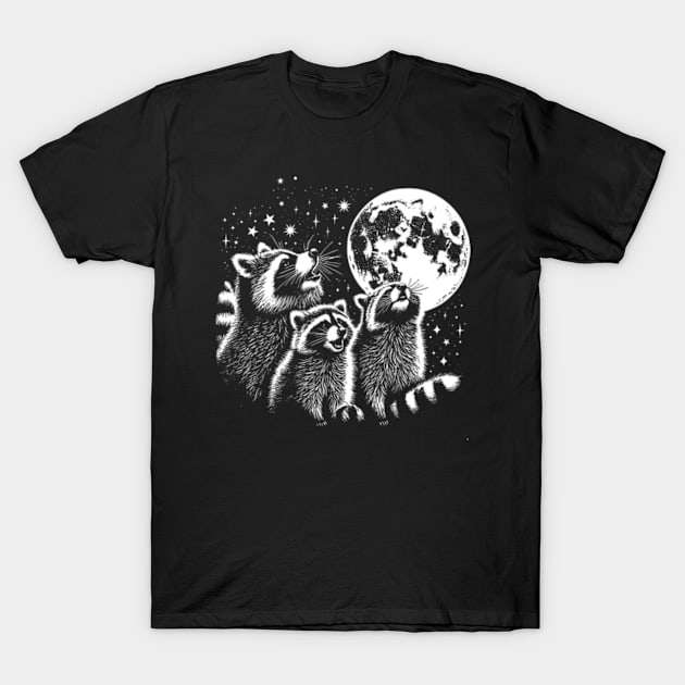 Three Raccoon Howling At The Moon T-Shirt by JanaeLarson